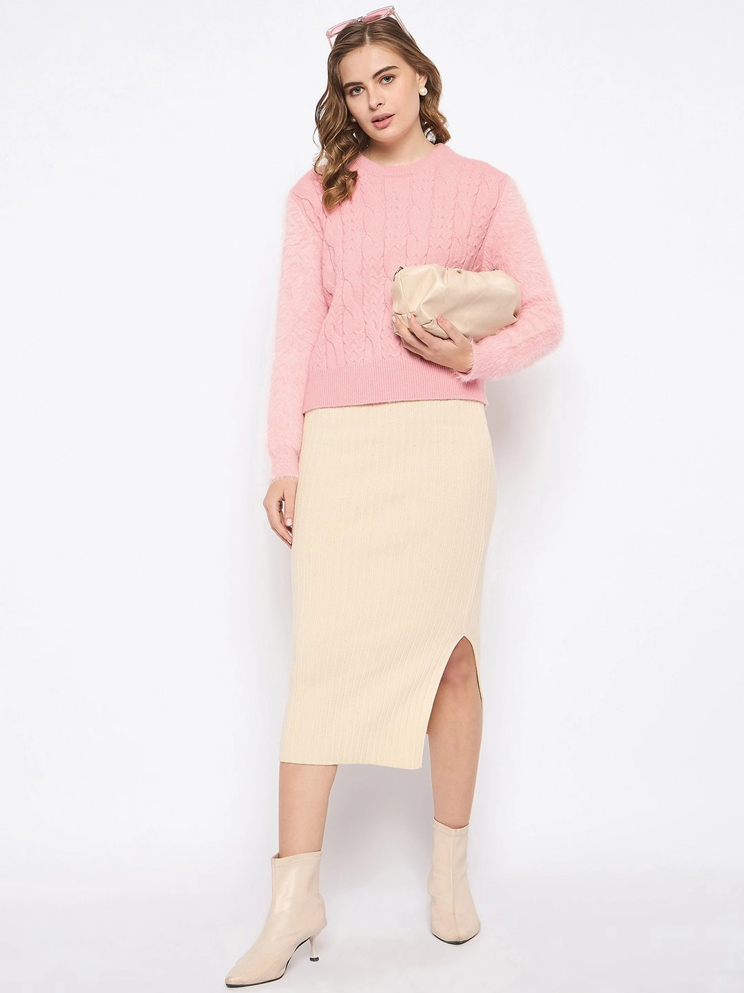 Chill Flex Madame Cable Knit Solid Peach Sweater