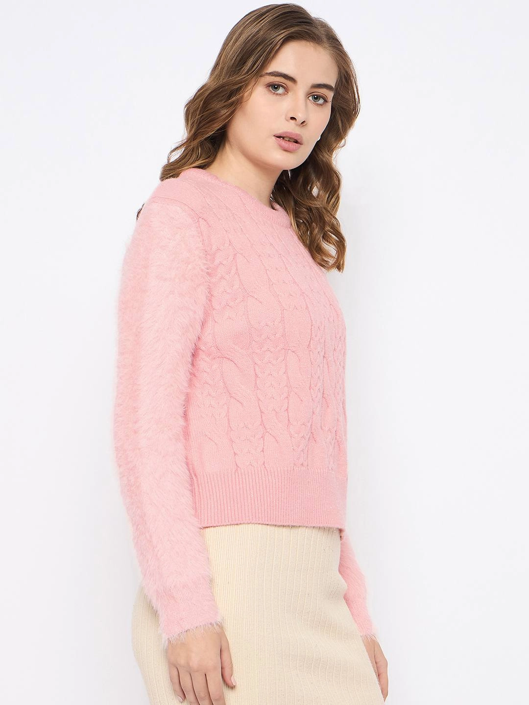 Soft and Stylish Madame Cable Knit Solid Peach Sweater