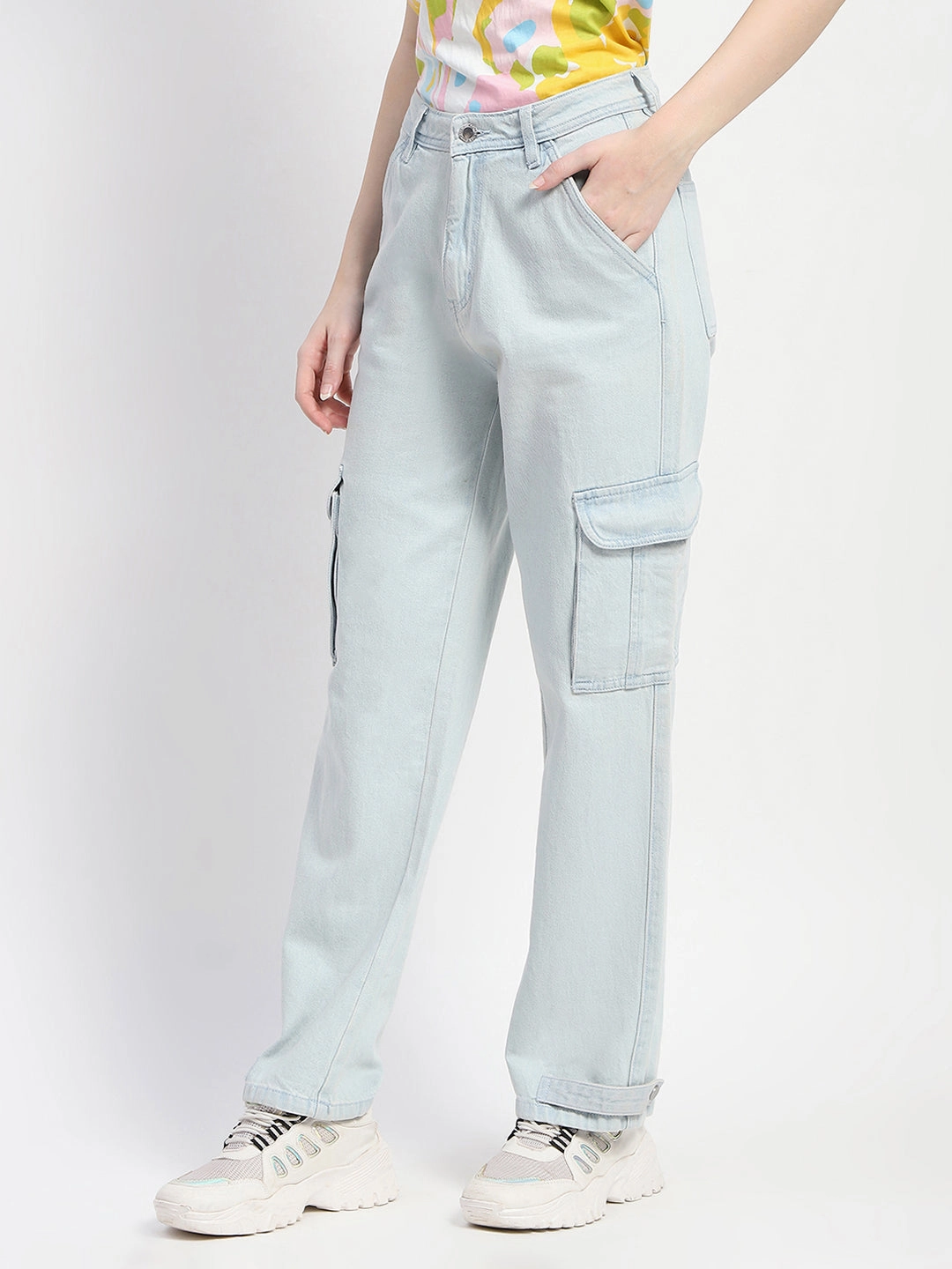 Madame Cargo Ice Blue Light Wash Denim Tailored Waistband
