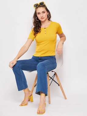 Wide Shoulder Cut Madame Casual Mustard Cotton Top
