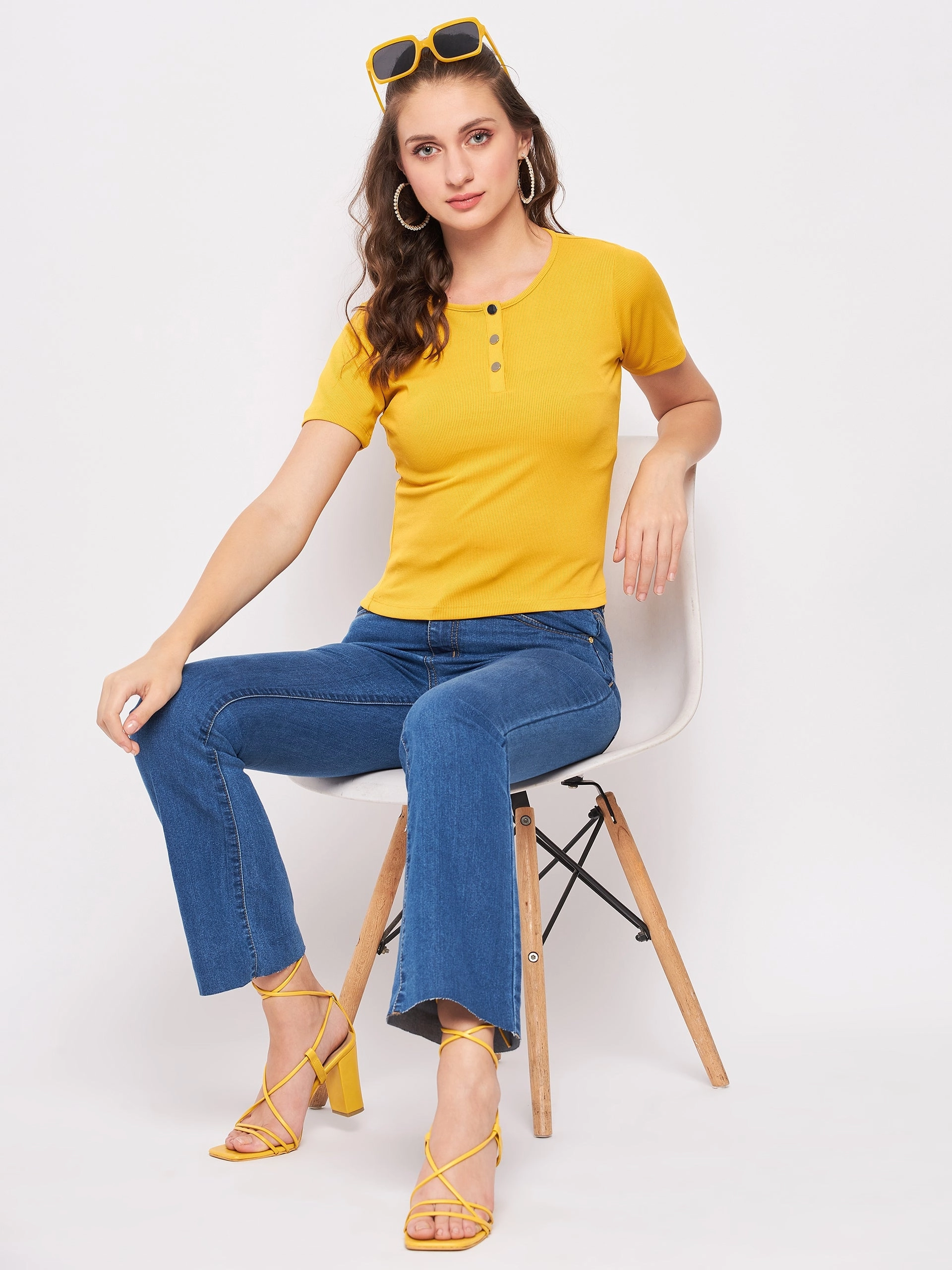 Wide Shoulder Cut Madame Casual Mustard Cotton Top