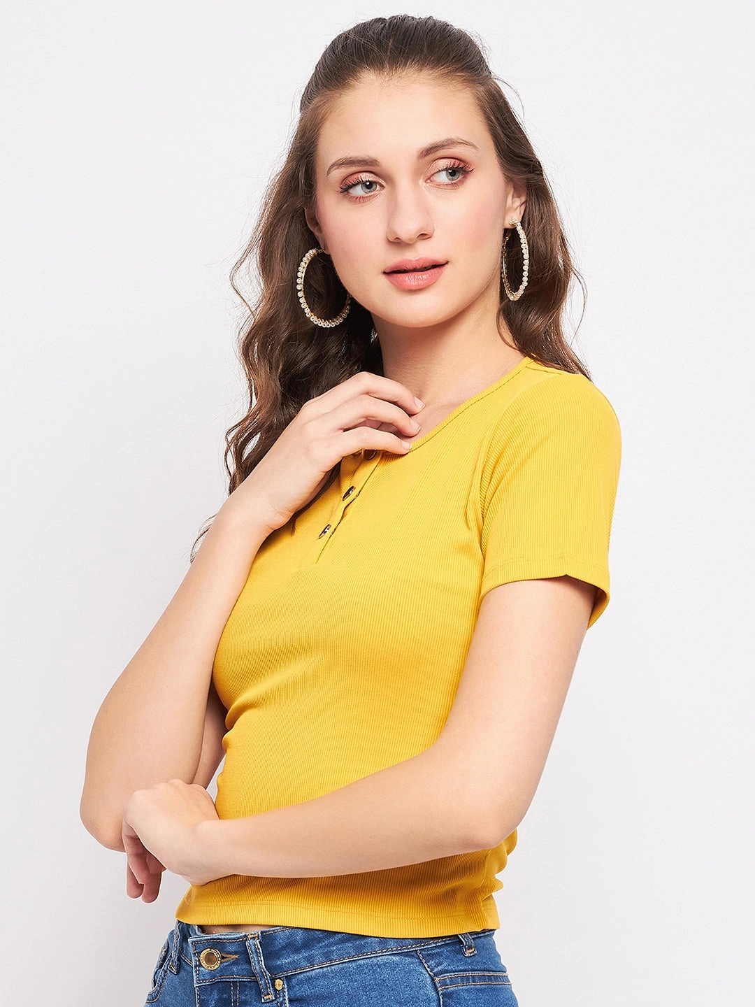 FlexibleCuffs Non Restrictive Collar Madame Casual Mustard Cotton Top