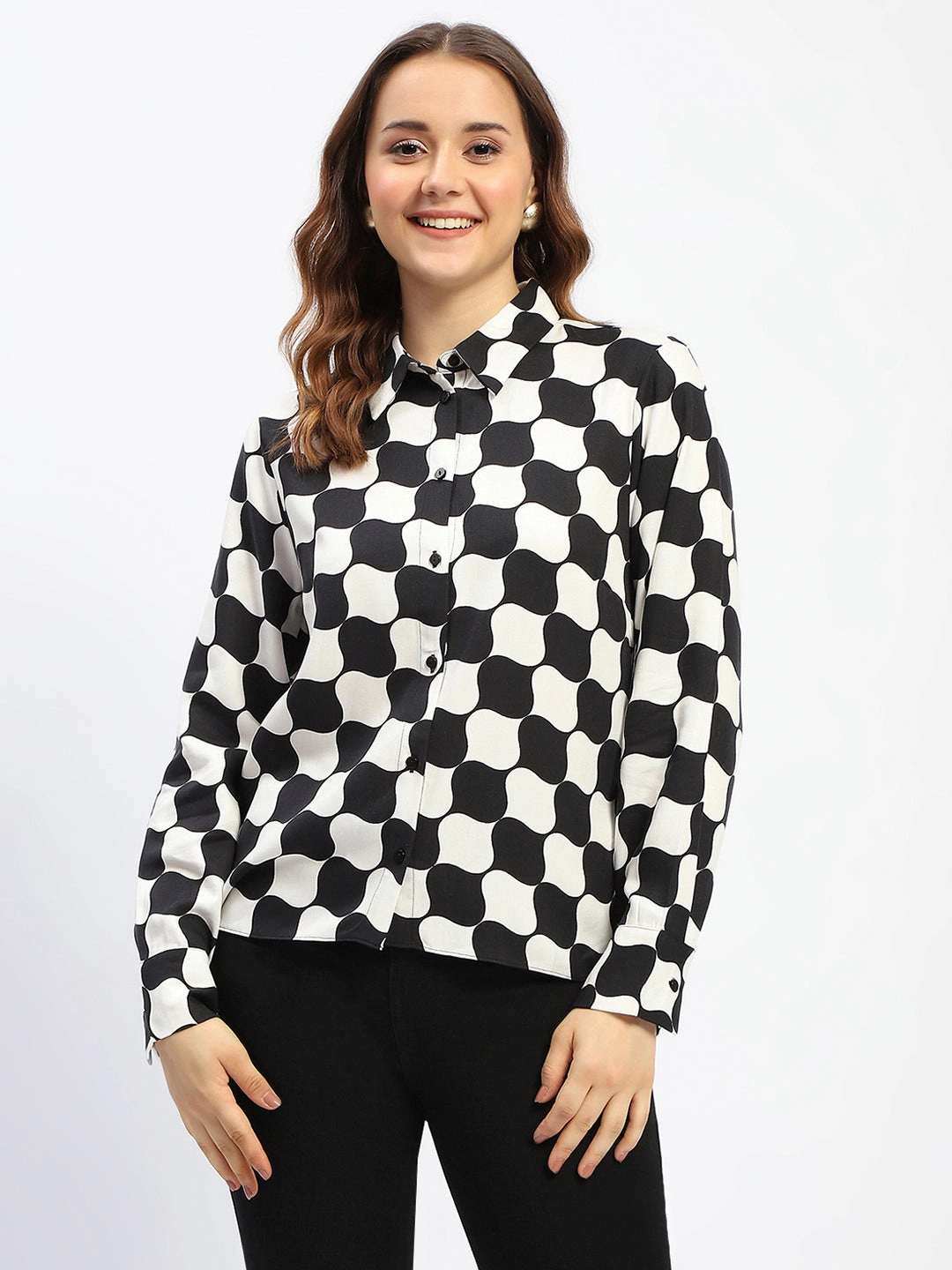 Madame Chessboard Print Black Viscose Shirt Chill Layer mix and match