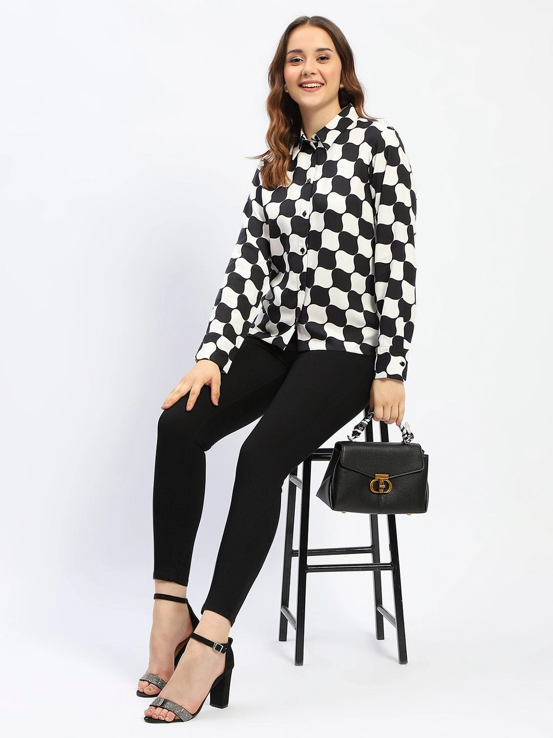 Madame Chessboard Print Black Viscose Shirt Budget Friendly