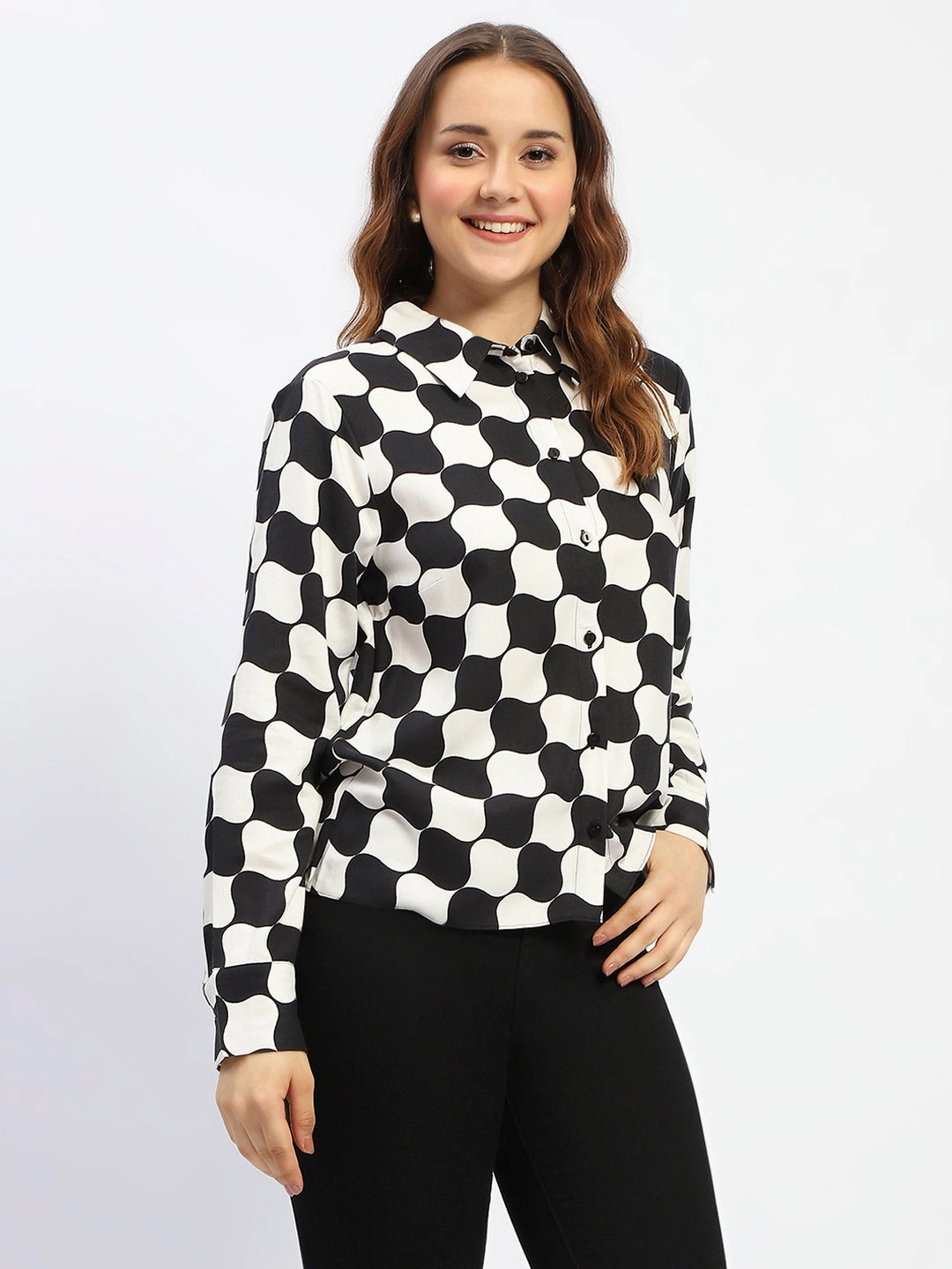 Anti Pill Treatment Madame Chessboard Print Black Viscose Shirt