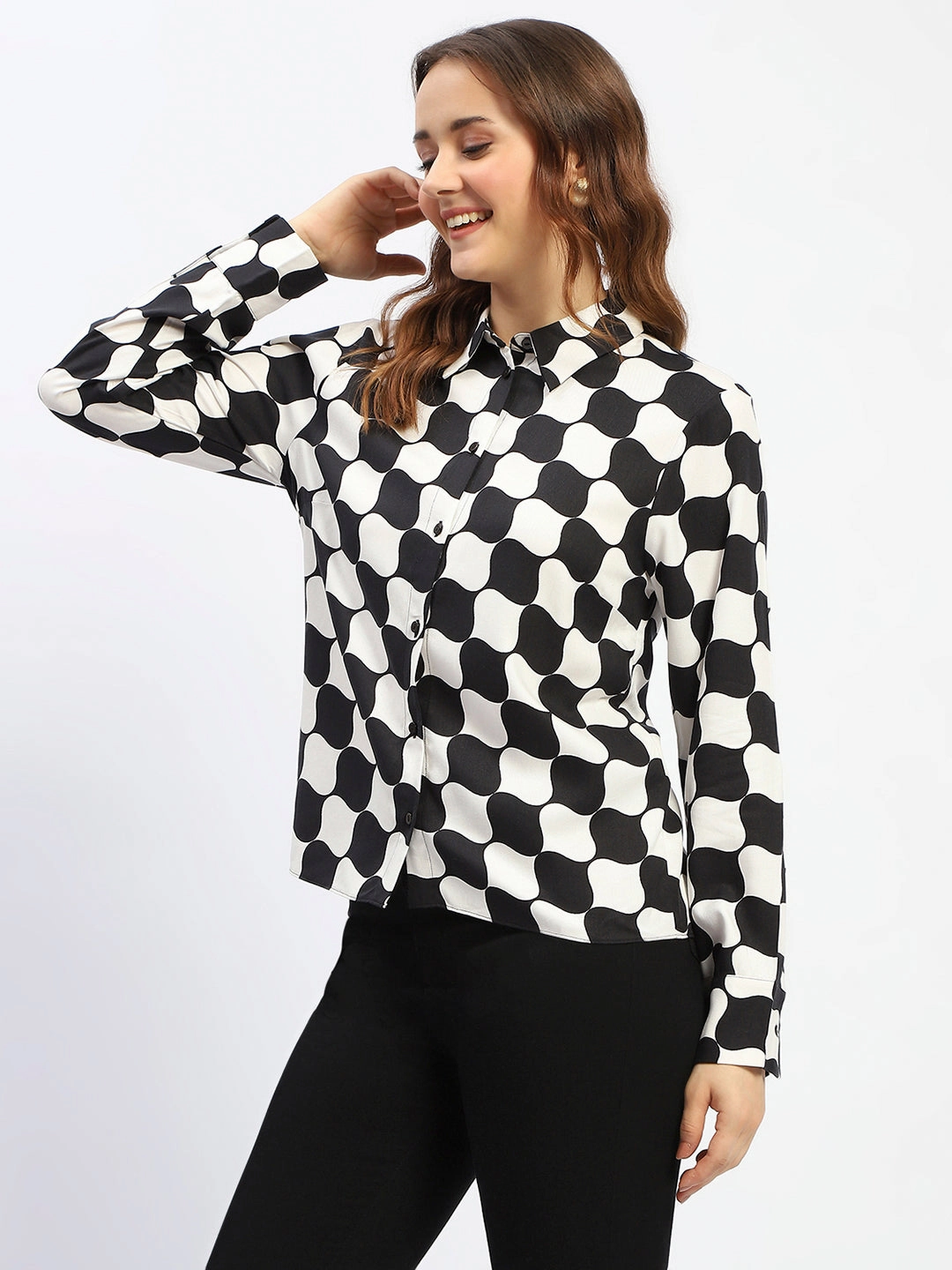 Madame Chessboard Print Black Viscose Shirt Odor Control Fabric Easy Fit
