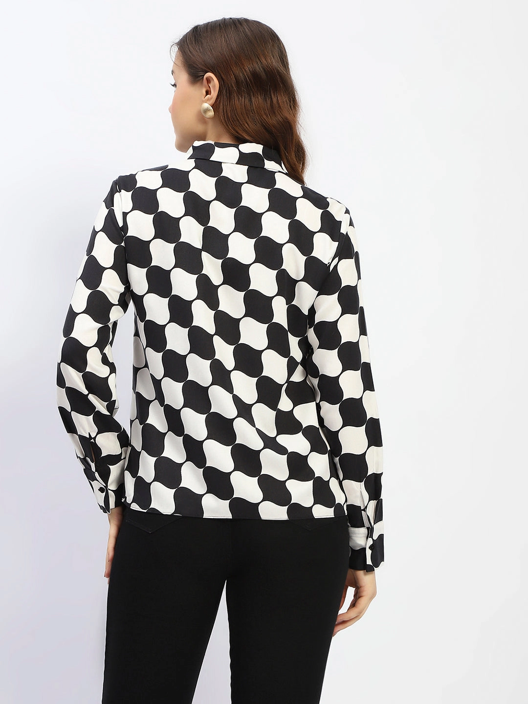 Embroidered Logo Madame Chessboard Print Black Viscose Shirt