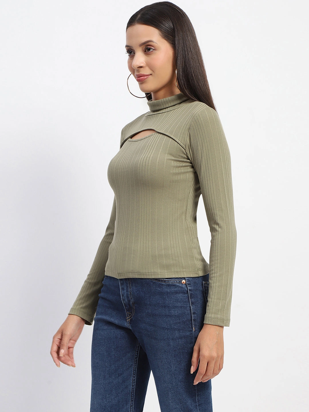 OversizedSilhouette HighCollar Design Madame Chest Cutout Green Ribbed Hi Neck Top