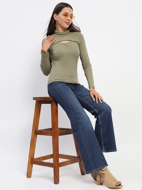 Breathable Tank Professional Look Madame Chest Cutout Green Ribbed Hi Neck Top