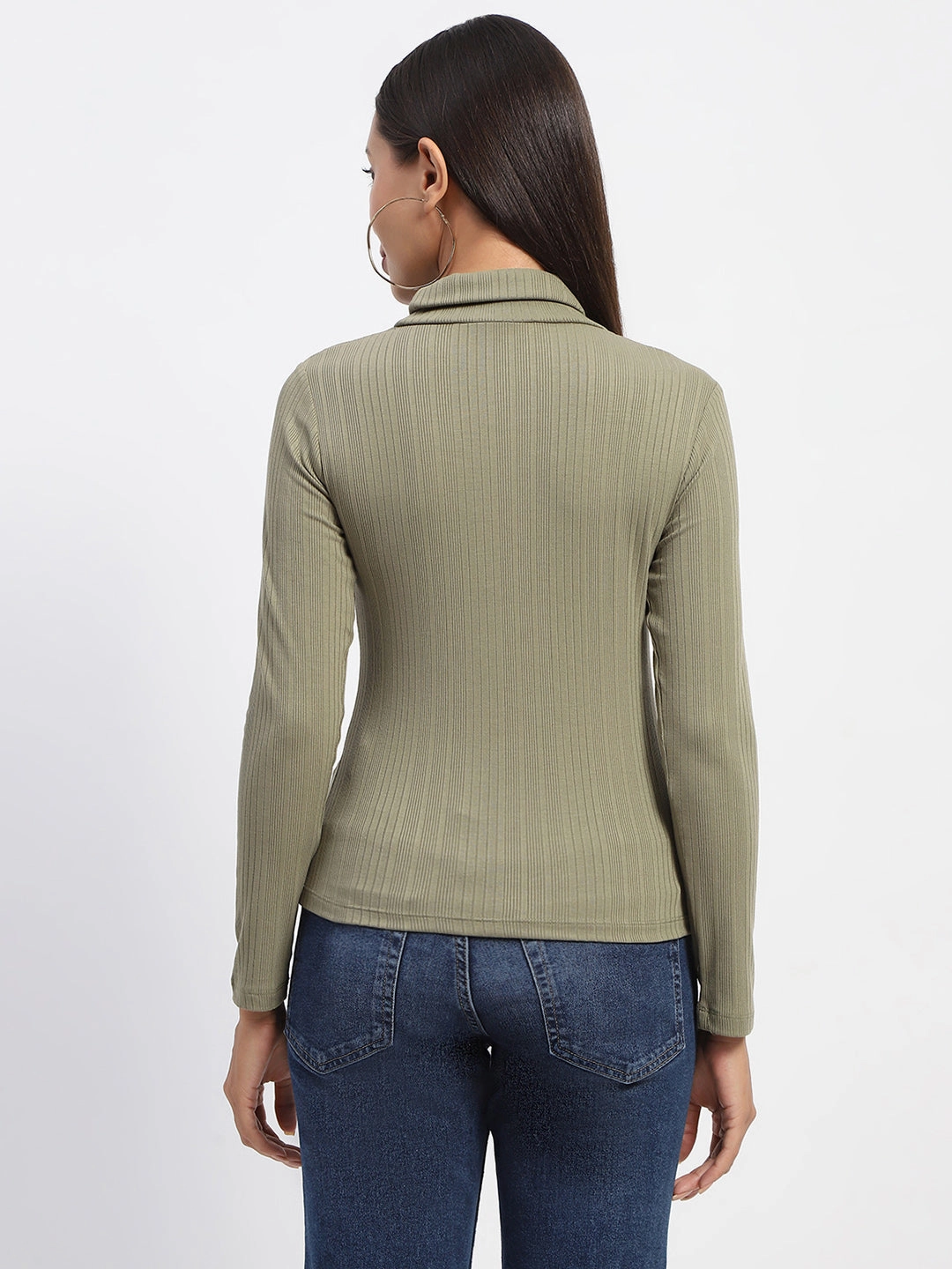 Madame Chest Cutout Green Ribbed Hi Neck Top Textured Weave Pattern PreWashed
