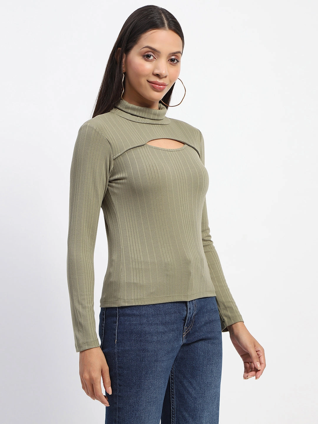 Madame Chest Cutout Green Ribbed Hi Neck Top Durable Stitching