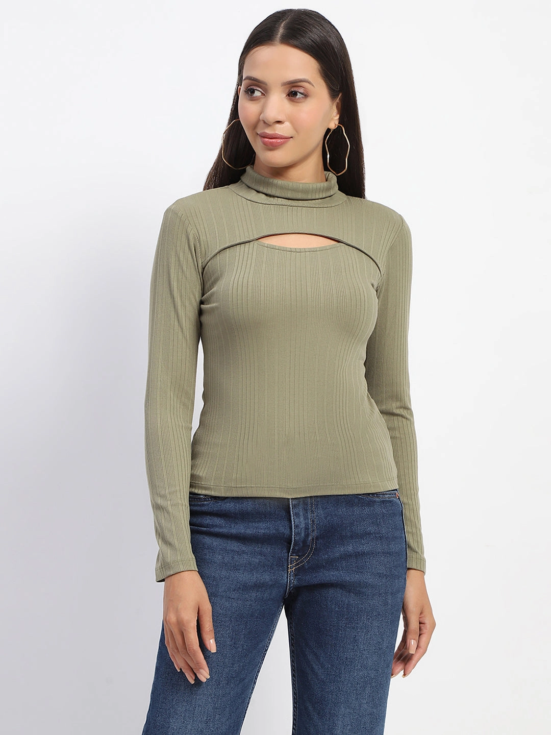 Airflow Ventilation Zones AdjustableClosure Madame Chest Cutout Green Ribbed Hi Neck Top