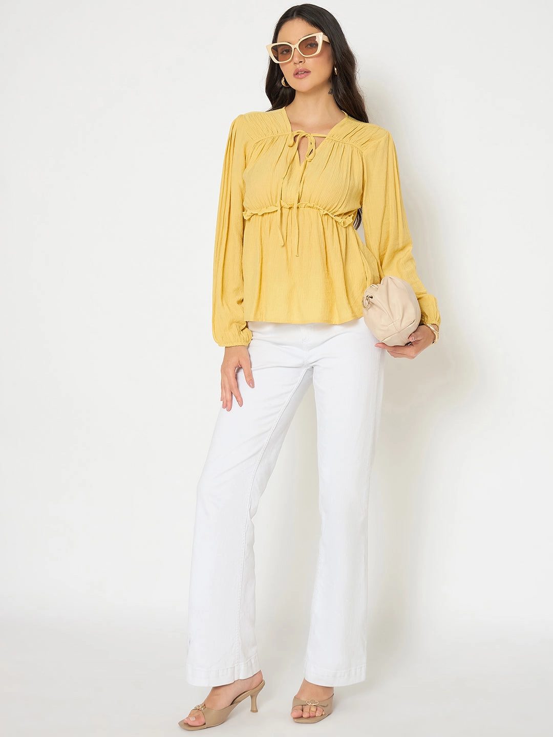 simple design Madame Cinch Waist Yellow Peplum Top