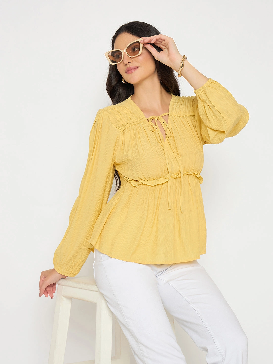 Minimalist Detailing Biodegradable Fiber Composition Madame Cinch Waist Yellow Peplum Top