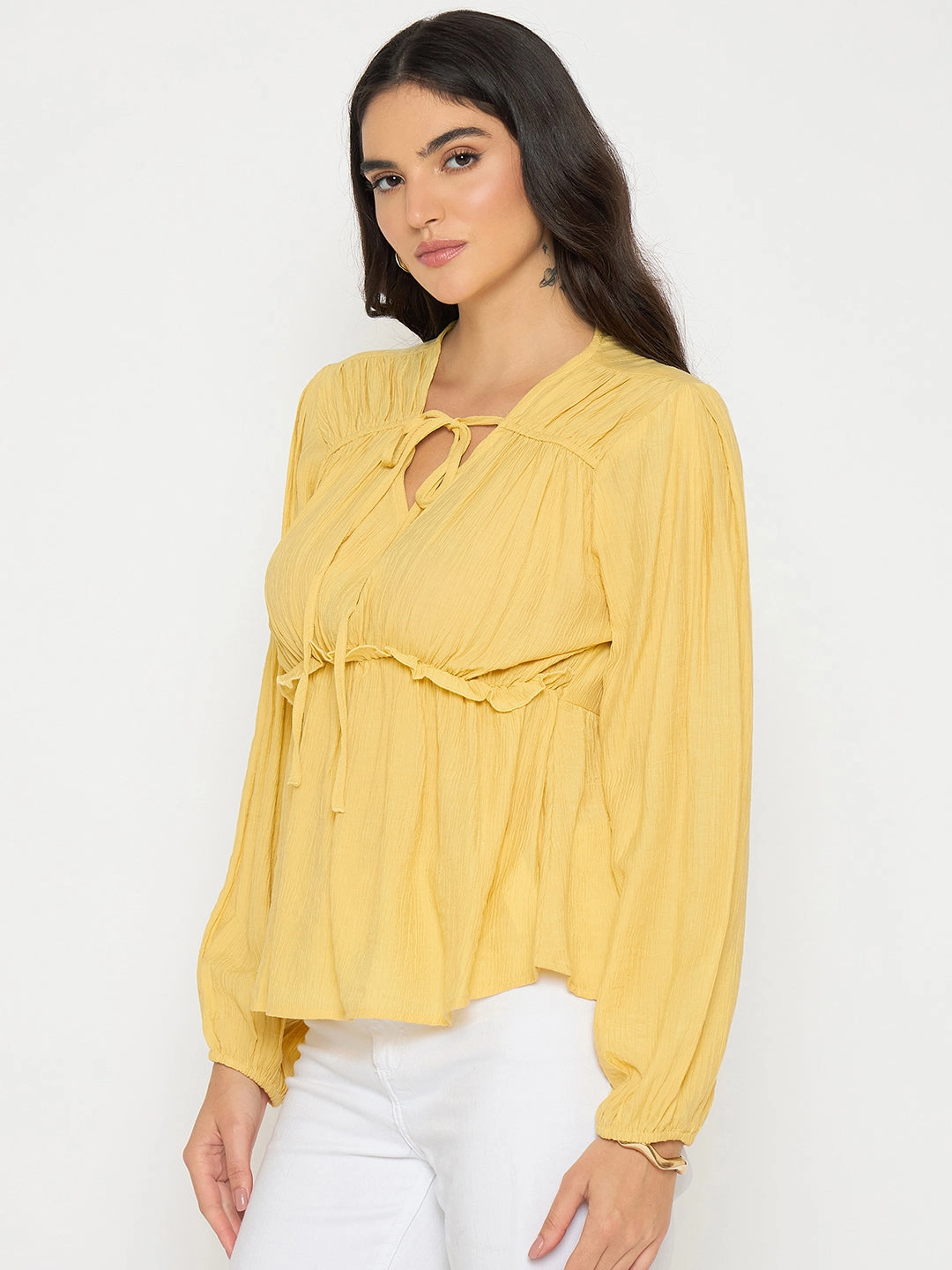 AdjustableClosure Casual Tee Madame Cinch Waist Yellow Peplum Top