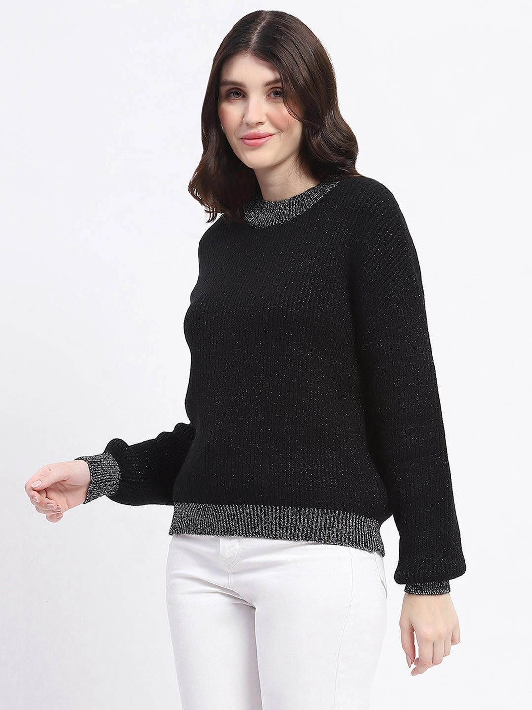 Oversized Fit Versatile Look Madame Color Accented Black Buttoned Sweater