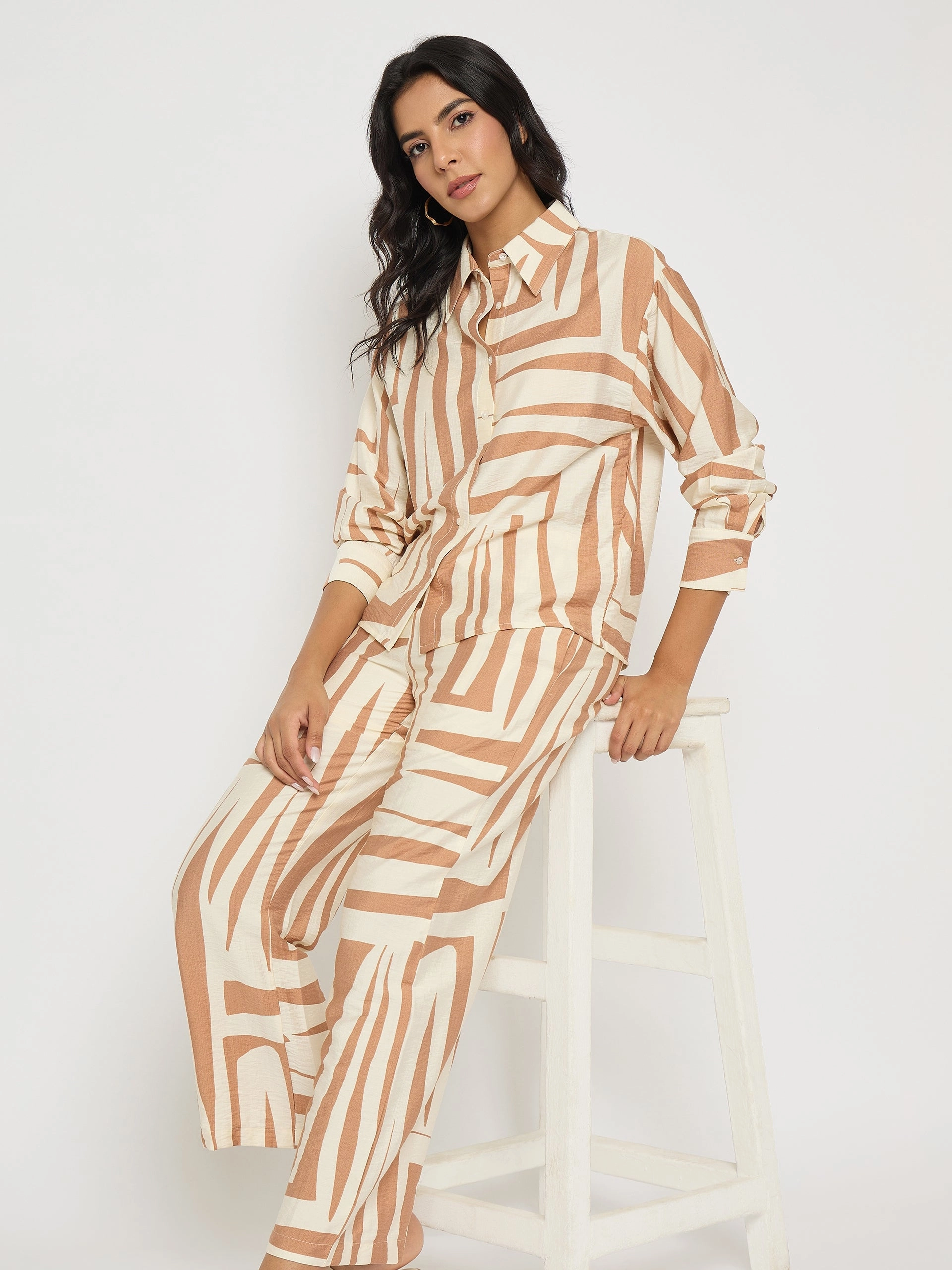 Party Floral Emerging-Brand Madame Colorblock Top and Bottoms Rayon Blend Tan Brown Co-ord Set