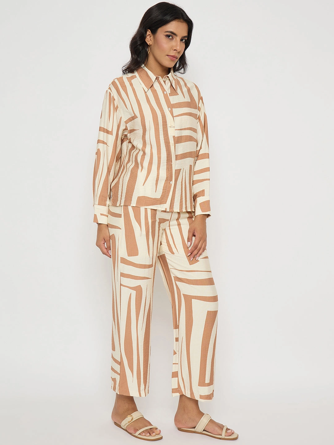 Madame Colorblock Top and Bottoms Rayon Blend Tan Brown Co-ord Set Smart Casual Feminine empire waist dress