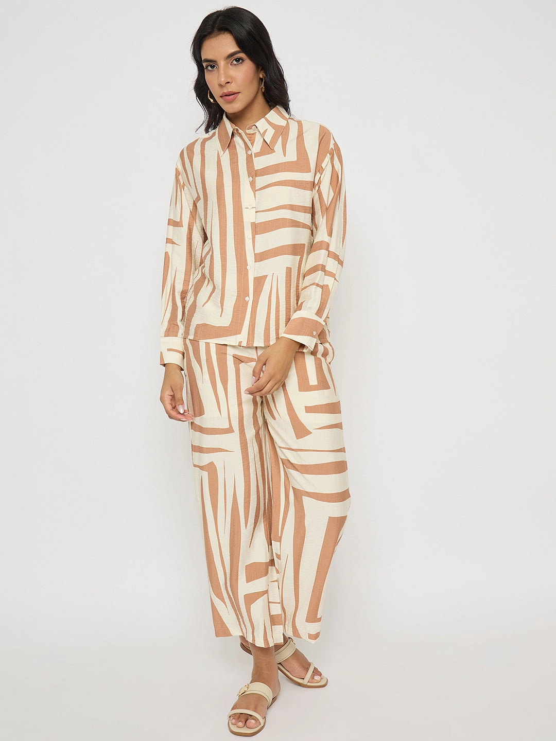 Layered Fit Madame Colorblock Top and Bottoms Rayon Blend Tan Brown Co-ord Set