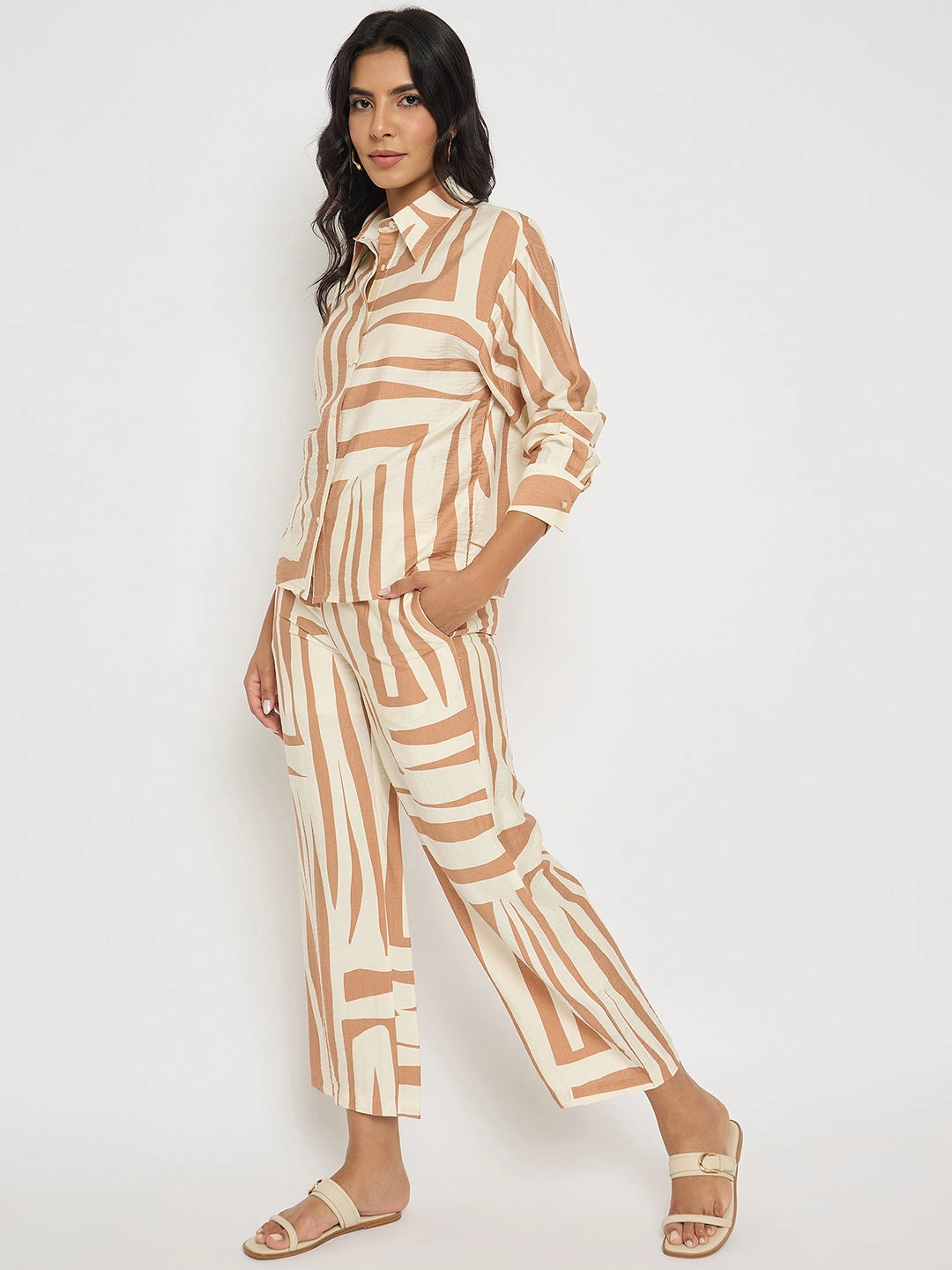 All Day Madame Colorblock Top and Bottoms Rayon Blend Tan Brown Co-ord Set