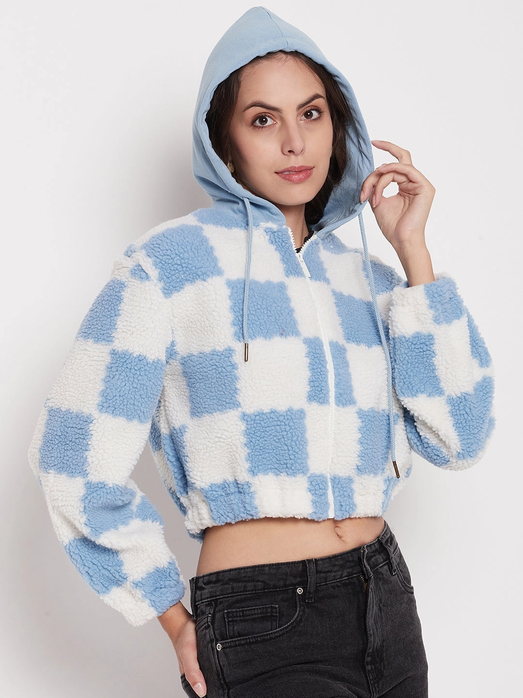 Warm and Cozy Chic Hoodie Madame Colour Blocked Sky-Blue Sweatshirt