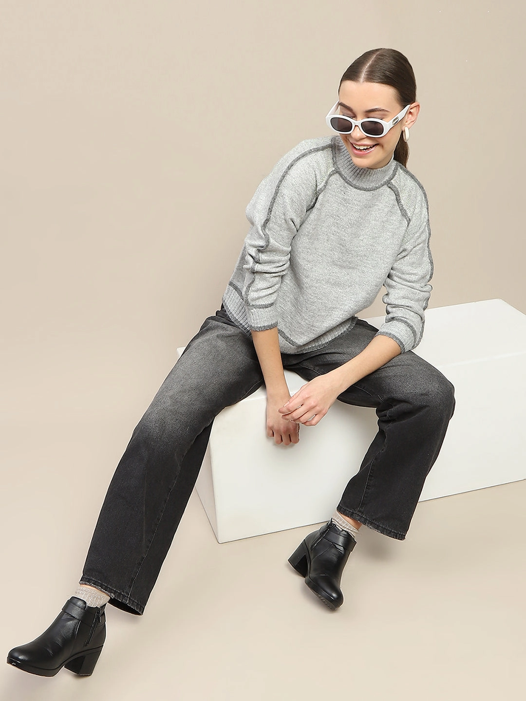 Madame Contrast Trimming Grey Sweater Versatile Stretch Sleek Stretch