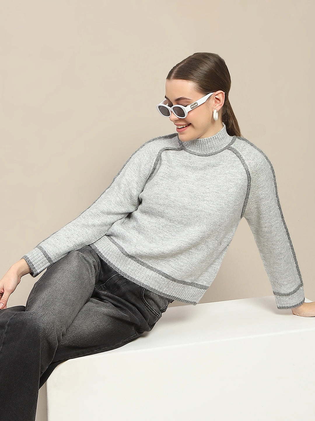 Soft Warm Layers Layered Knit Madame Contrast Trimming Grey Sweater