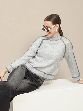 Soft Warm Layers Layered Knit Madame Contrast Trimming Grey Sweater