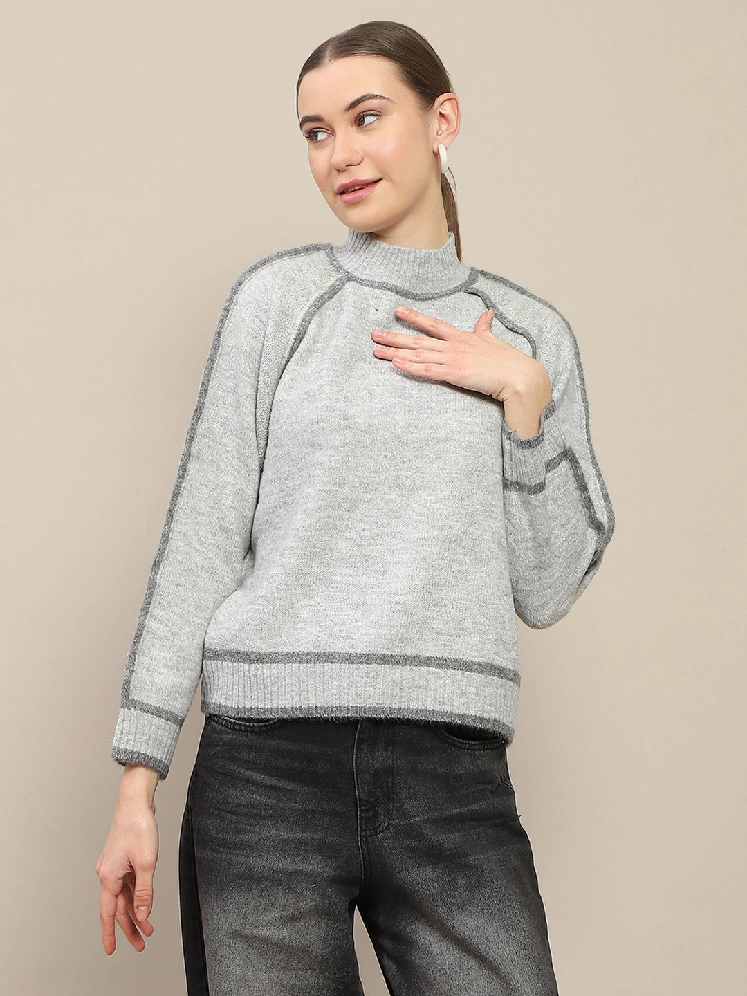 Cold Weather Madame Contrast Trimming Grey Sweater