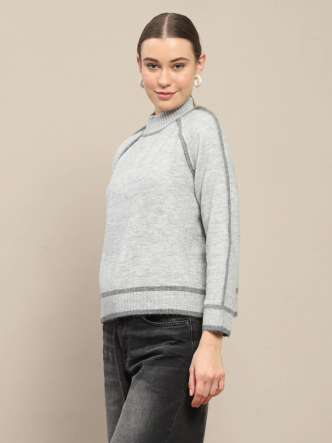 Versatile Style Madame Contrast Trimming Grey Sweater