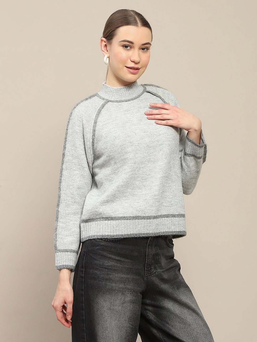 Slim Fit Design Madame Contrast Trimming Grey Sweater