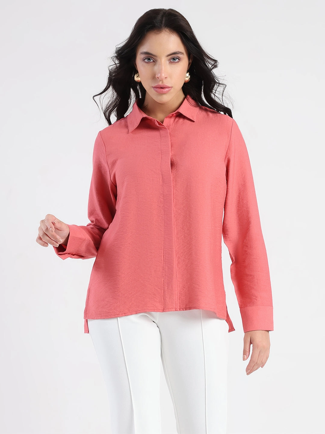 Seamless Shoulder Asymmetrical Cut Madame Coral Rayon Blend Shirt