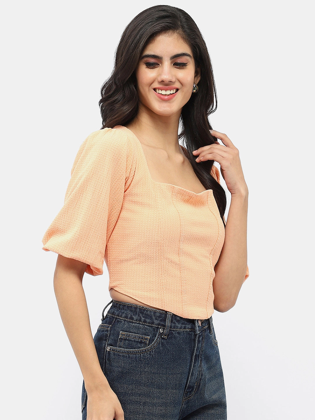 Breathable Mesh Back WideNeckOpening Madame Corset Inspired Peach Puff Sleeve Top