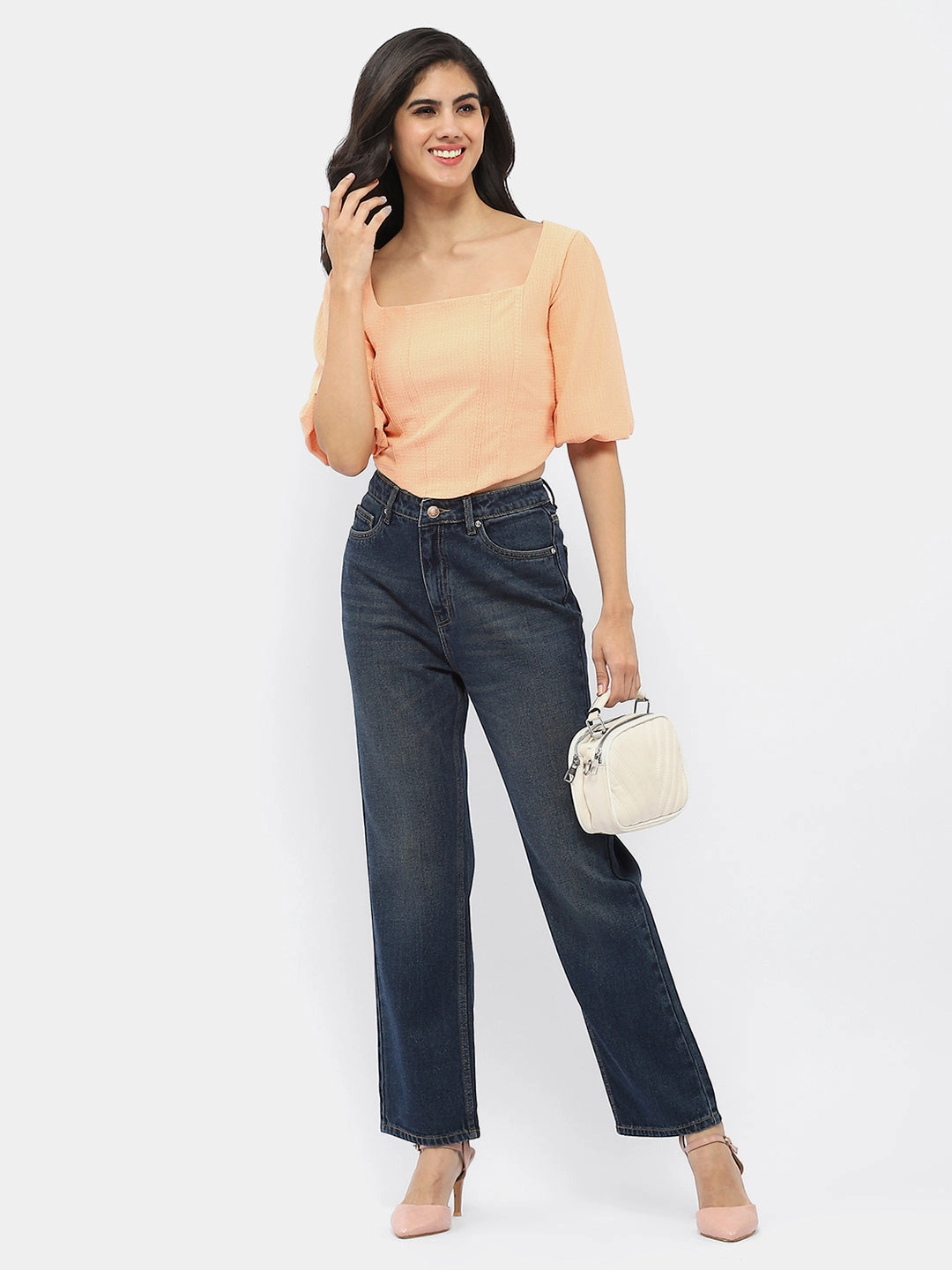 Knit Fabric Technology Chic Look Madame Corset Inspired Peach Puff Sleeve Top