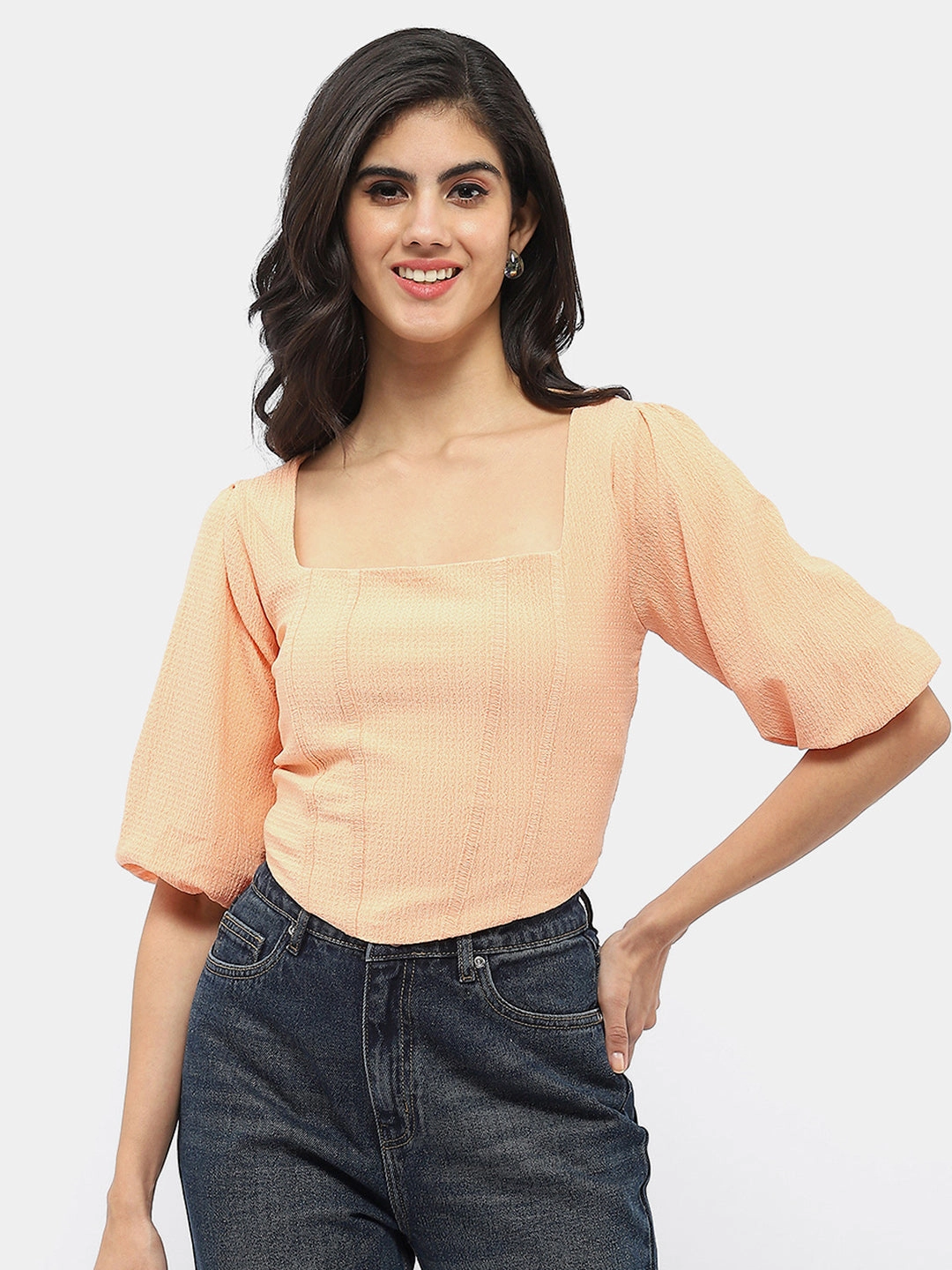 Madame Corset Inspired Peach Puff Sleeve Top QuickDrySystem HiddenPocket