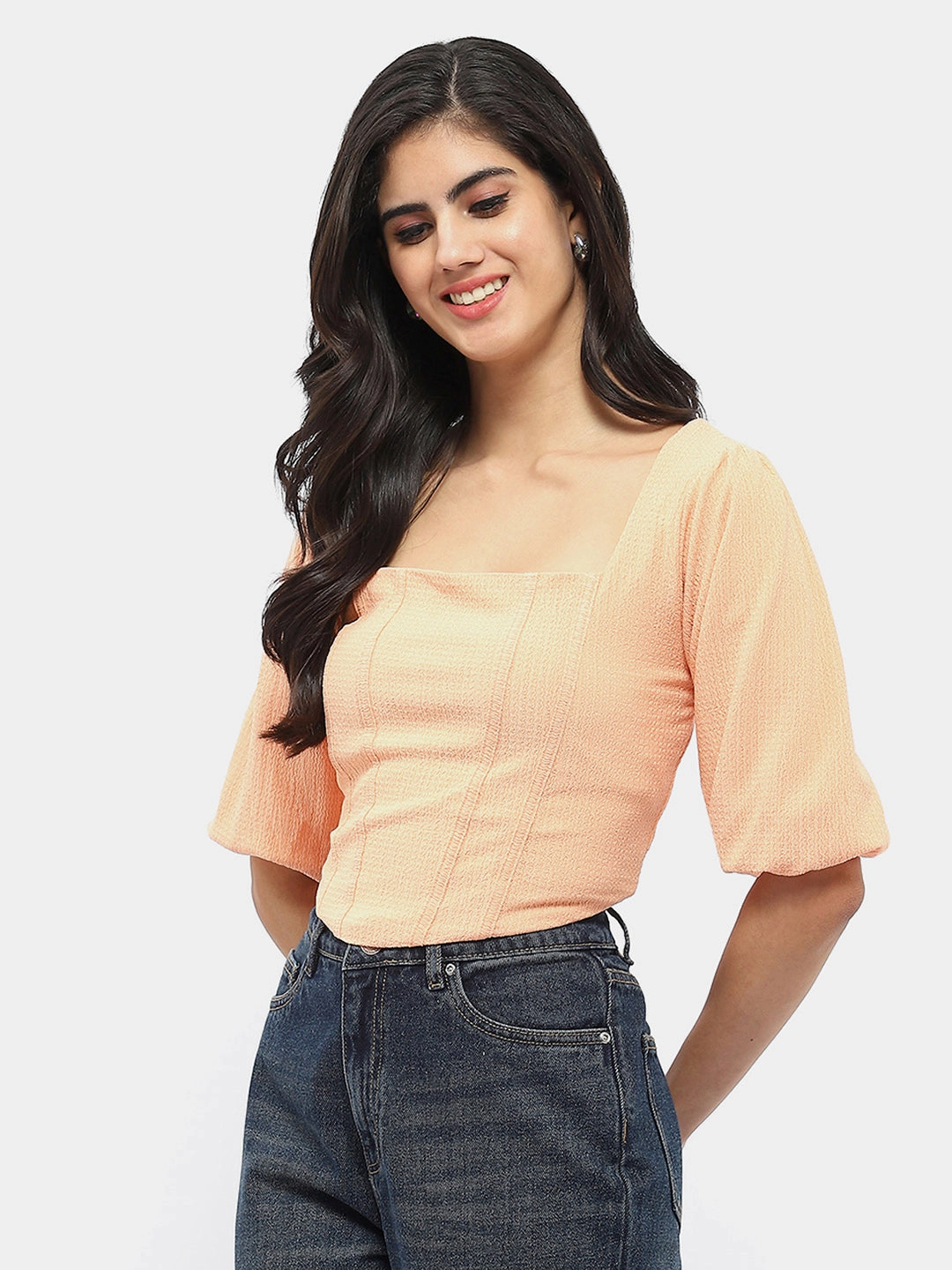 Madame Corset Inspired Peach Puff Sleeve Top MultiFunctional Pocket Placement ThermalRegulation
