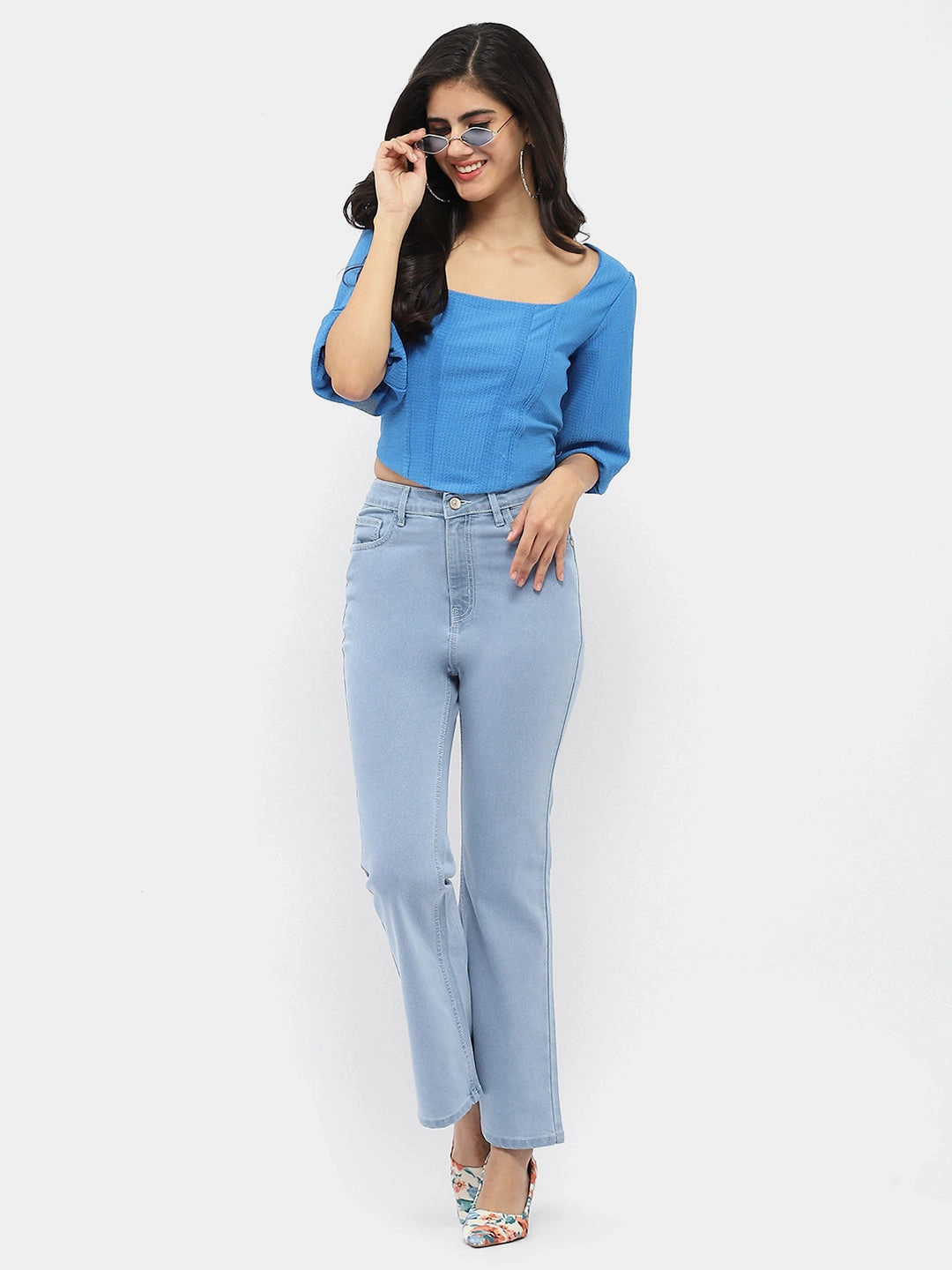 Madame Corset Inspired Royal Blue Puff Sleeve Top FlexibleRibbedTrims Lightweight Blouse