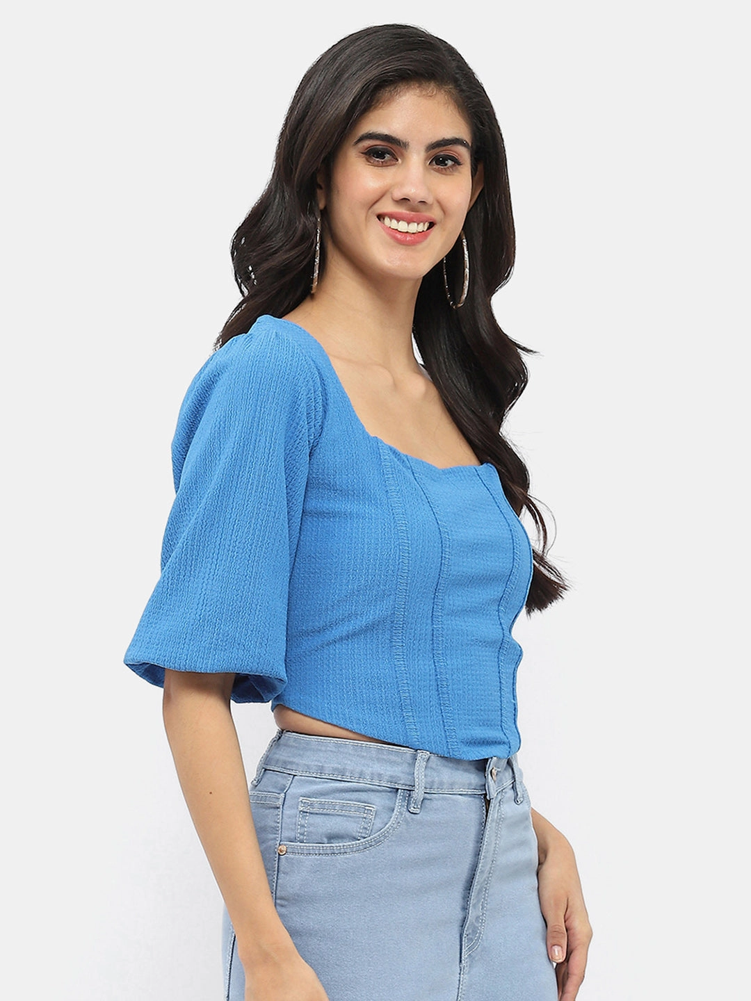 Madame Corset Inspired Royal Blue Puff Sleeve Top Tear Resistant RecycledPolyester