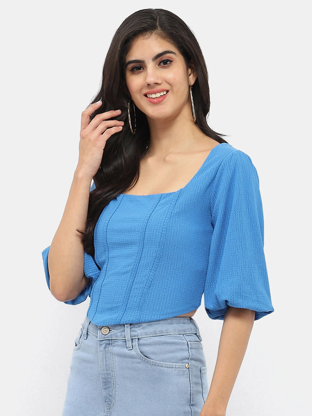 WrinkleFree Finish Madame Corset Inspired Royal Blue Puff Sleeve Top
