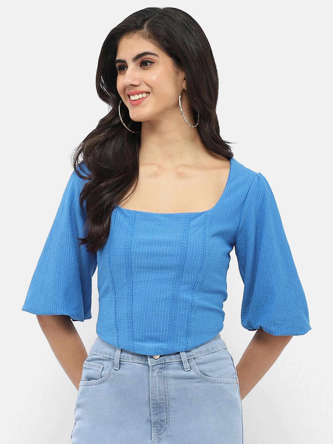 Ribbed collar Fitted Design Madame Corset Inspired Royal Blue Puff Sleeve Top