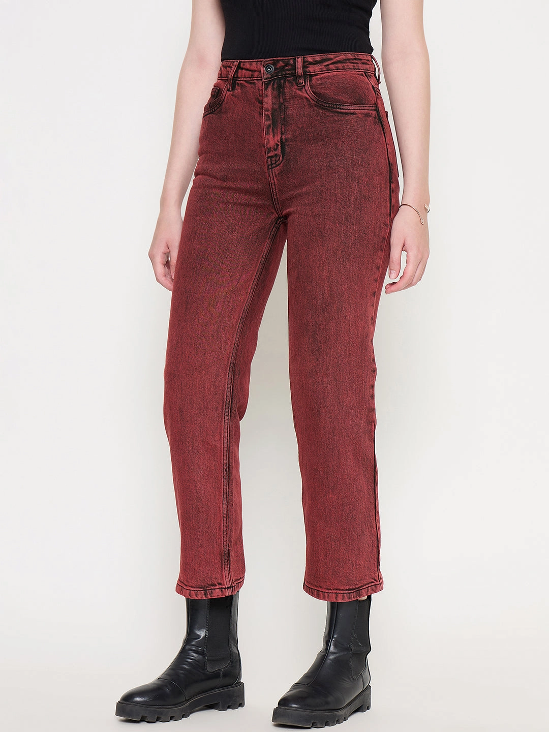 Customizable Fit Weekend Style Modern Madame Cotton Blend Acid Wash Red Denim