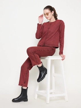 Madame Cotton Blend Acid Wash Red Denim Subtle design