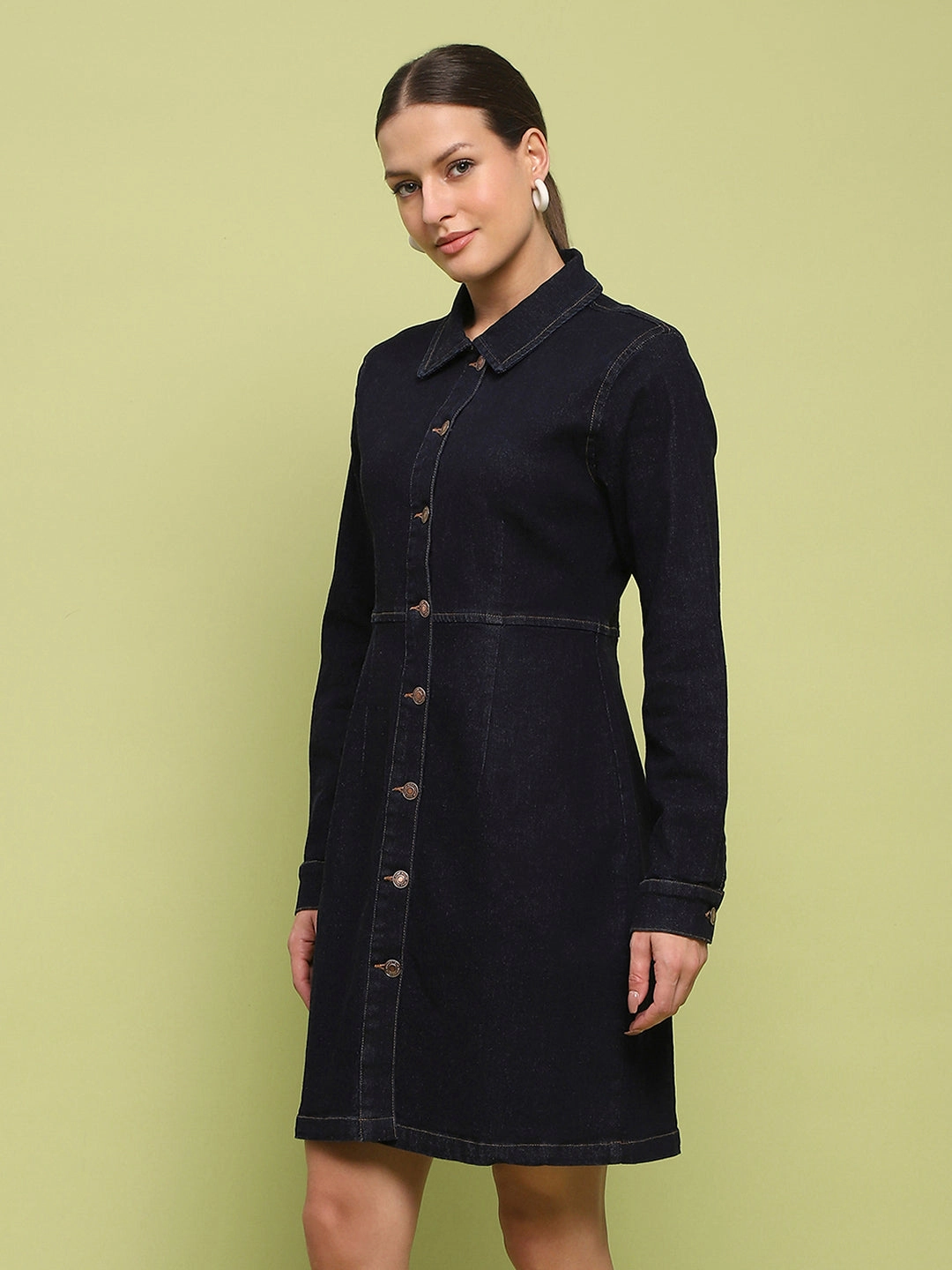 Refined fit Madame Cotton Blend Belted Dark Indigo Mini Denim Dress