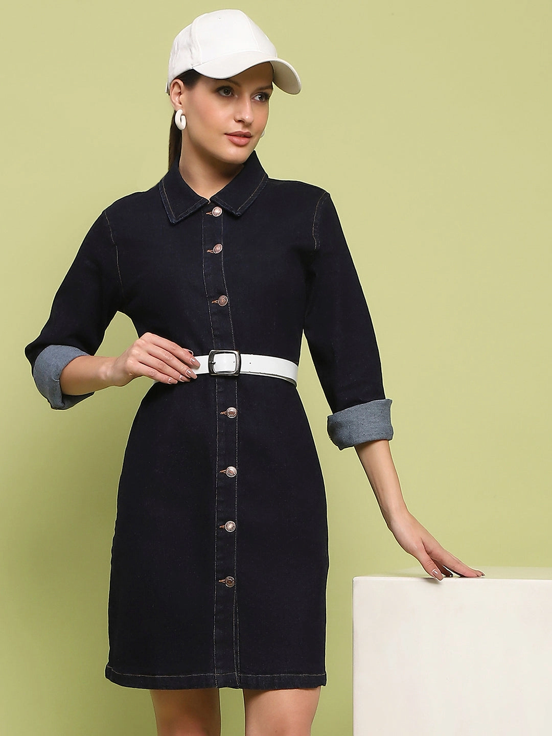 Light Aesthetic Japan Line Madame Cotton Blend Belted Dark Indigo Mini Denim Dress