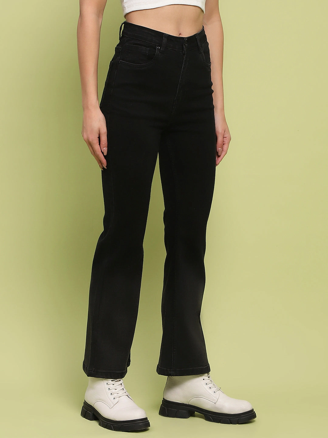 Madame Cotton Blend Black Flared Denim Jeans Basic Piece
