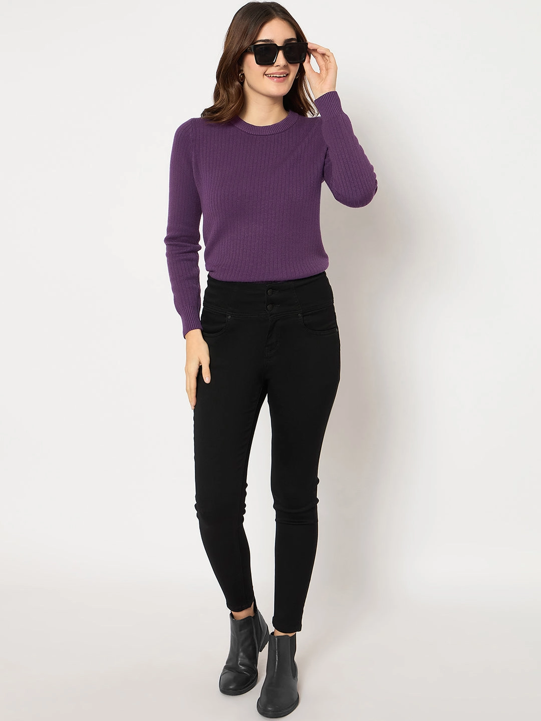 Versatile Comfort Madame Cotton Blend Double High Rise Solid Button Black Denim Jeans