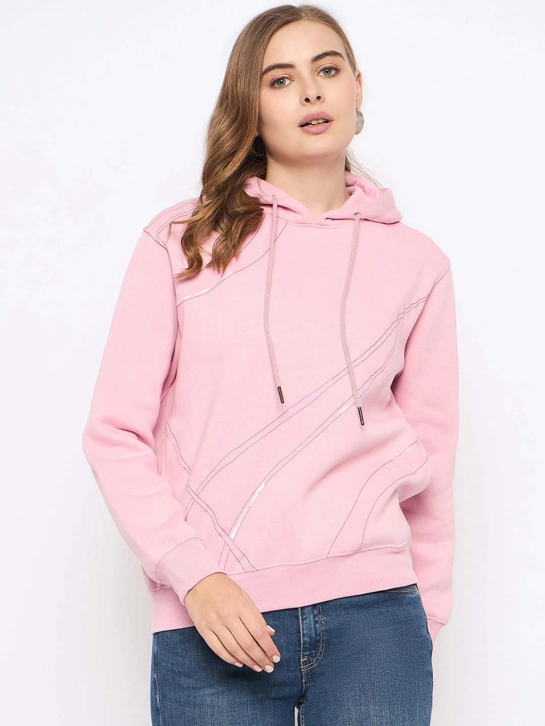 Work Wear Outdoor Sporty Madame Cotton Blend Printed And Handwork Detailed Light Pink Sweatshirt