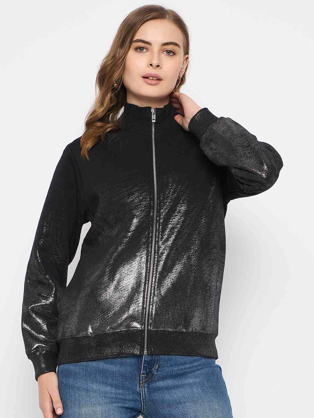 Wrinkle Resistant Madame Cotton Blend Quilted Zipped Black Sweatshirt