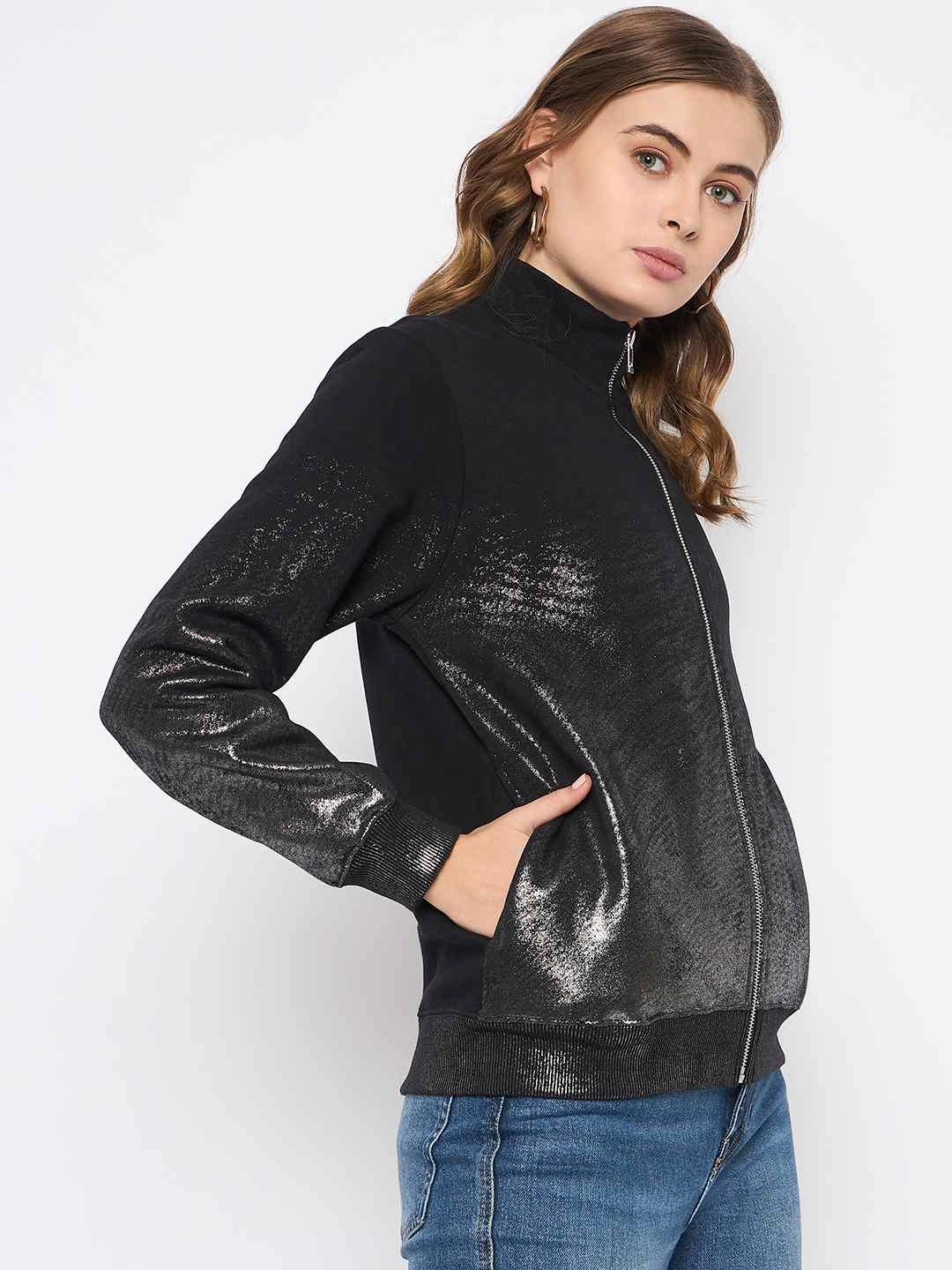 durability test Madame Cotton Blend Quilted Zipped Black Sweatshirt