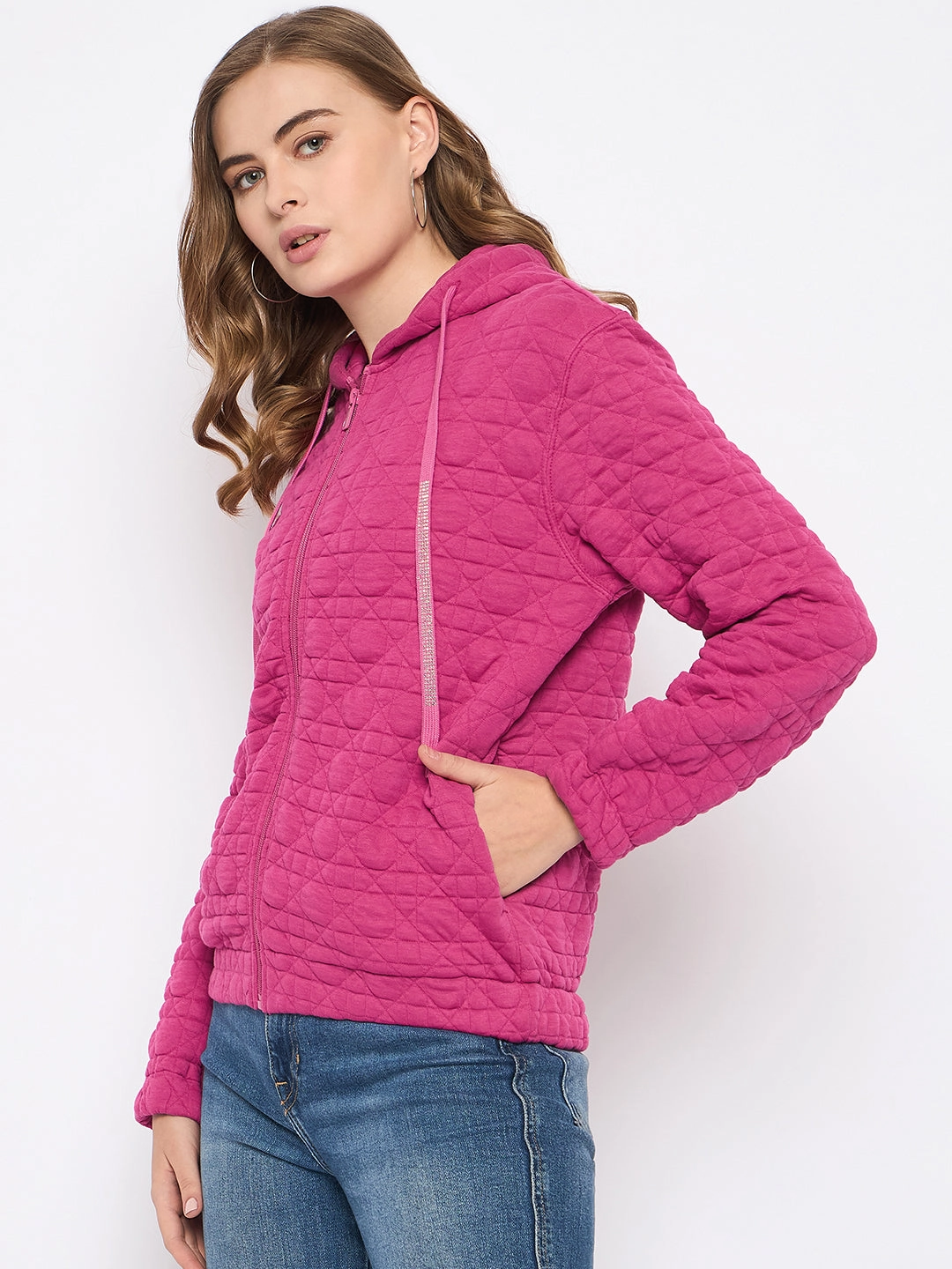 Madame Cotton Blend Self-Textured Zipped Hot Pink Sweatshirt Durable Fabric